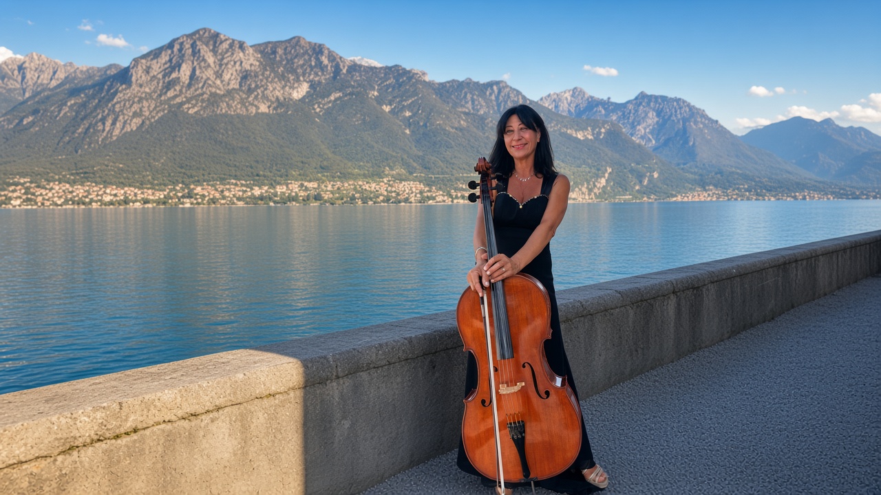 Ilaria Giorgi con il violoncello per un matrimonio sul lago di fronte alle montagne